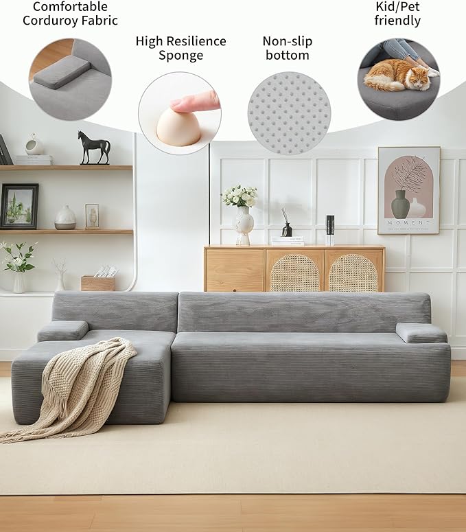 Garvee 108'' Modular Sectional Sofa Left Facing Chaise L-Shaped Boneless Couch Ultra Deep Seat Modern Sectional Sofa for Living Room 5mm Wale Corduroy Fabric Gary