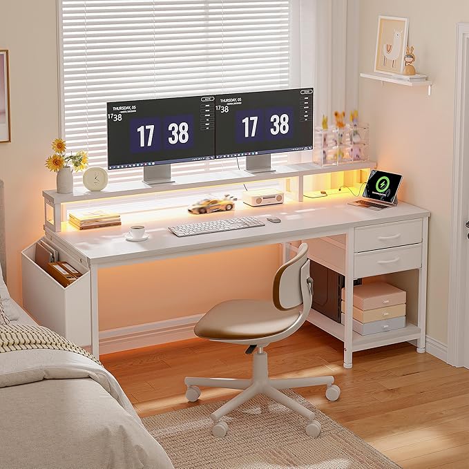 55 Gaming Desk with LED Strip Computer Desk with Drawers &amp Storage Bag Office Desks with Power Outlets &amp Monitor Stand Office Desk for Bedroom Gaming Room White