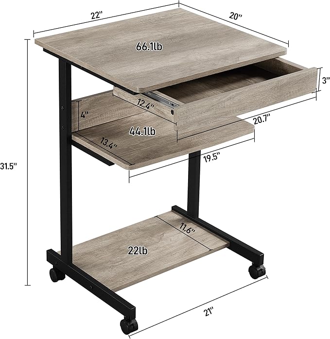 Topeakmart Gray Art Deco Desk Rolling Computer Desk Cart with Drawer Small Space Solution for Writing Laptop PC 22 x 20.1 x 31.5 inches
