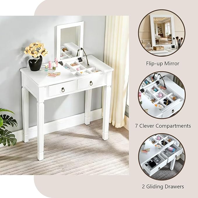 White Makeup Vanity Desk Set with Flip Top Mirror 31.5 Small Vanity Desk with Mirror Dressing Table with 2 Drawers&amp7 Compartments Makeup Table with Hidden Grey Padded Stool for Bedroom Small S