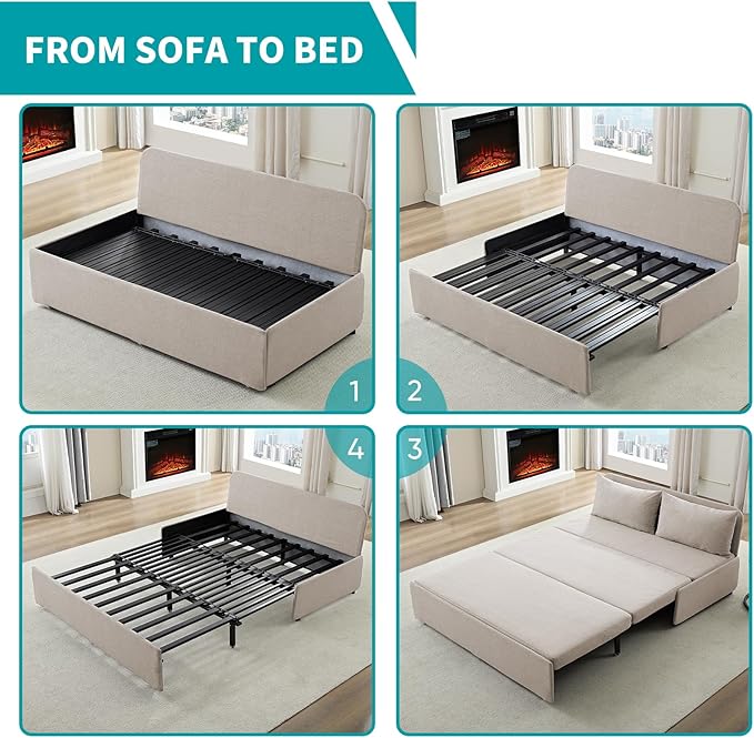 BALUS 43 W Queen Size Sleeper Couch Bed Pull Out Sofa with Pullout Beds 2 in 1 Convertible Linen Single Sleepers Sofas Chair with Foldable Mattress and Pillows for Small Space Apartment Beige