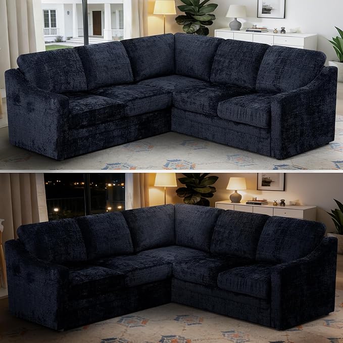 89 Inches Chenille Sectional Sofa with High Density Sponge Modern 5 Seats Corner Couch with Deep Seat Comfy Modular L Shaped Couch with Comfortable Back Cushions for Living Room Blue