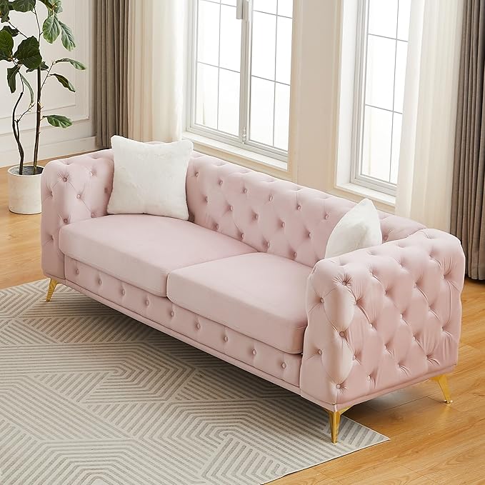 82.5'' Velvet Chesterfield Sofa Button Tufted Upholstered Sofa Couches with 2 Pillows Golden Metal Feets Removable Thick Cushions Comfy Chesterfield Couches for Living Room Apartment Pink