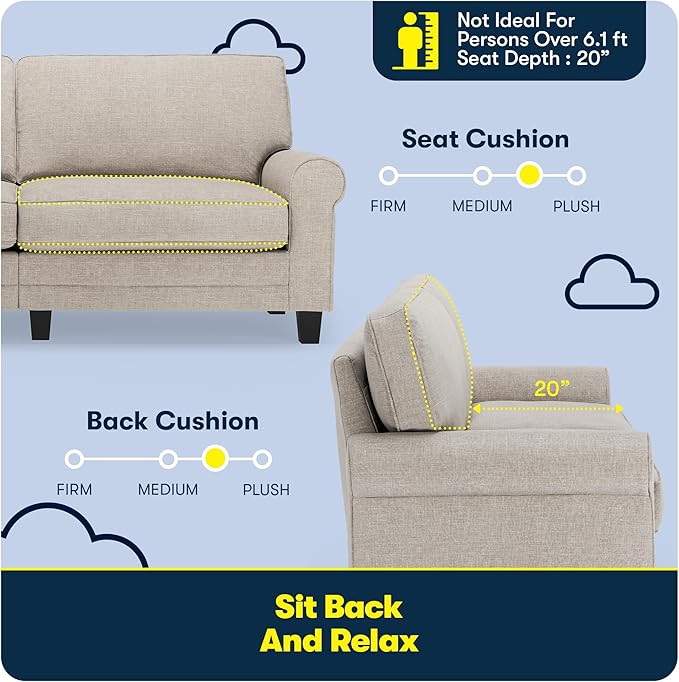 Serta Copenhagen 78 Rolled Arm Sofa Easy Care Polyester Soft Pillow Back Pocket Coil Seat Cushions Removable Covers Loveseat or Couch for Small Spaces Living Rooms or Bedrooms Light Gray