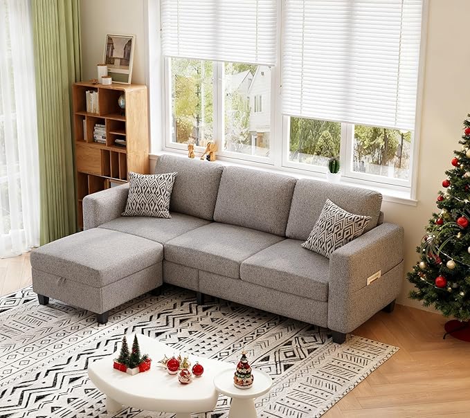 Sectional Sofas Couches for Living Room 3 Seater L Shaped Couch with Storage Ottoman 78 Modern Linen Fabric Brown Sofa for Apartment Studio Office Small Space
