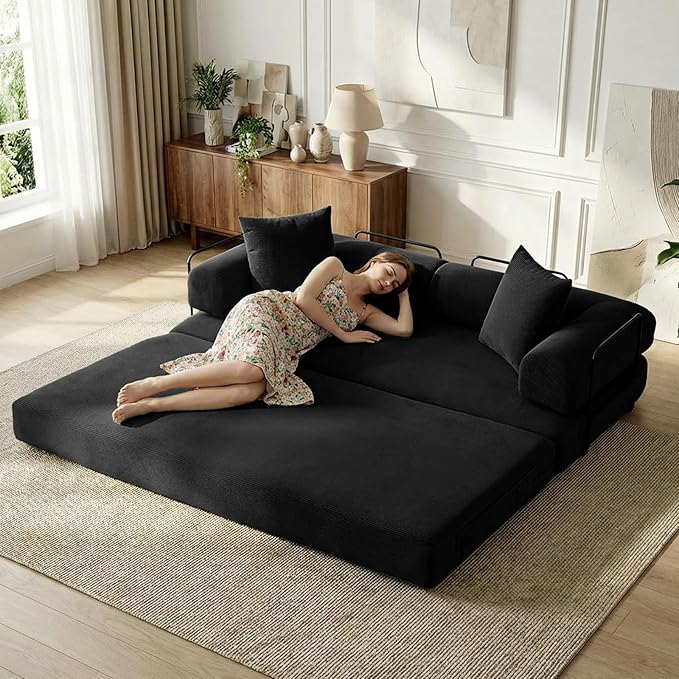 Convertible Folding Sofa Bed Modular Floor Sofa with Removable Backrest Corduroy Folding Mattress Couch with Fixed-Shape Frame for Living Room Bedroom Lounge (Black)