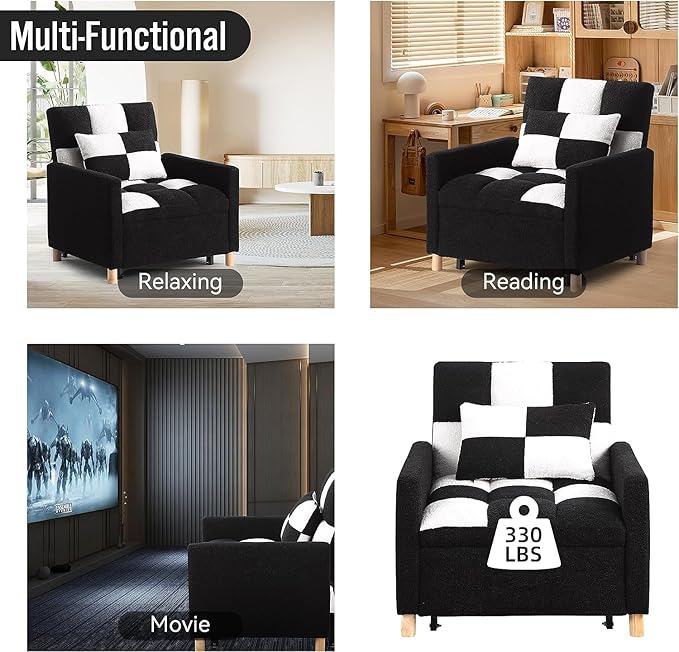 Convertible Sleeper Sofa Chair Bed3-in-1 Sleeper Chair Bed with PillowPull Out Single Armchair Sofa Bed with Adjustable Backrest Multi-Functiona Lounge Chair for Living Room (White/Black)