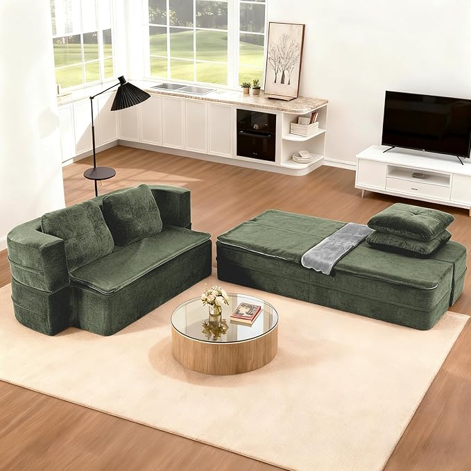 78 Convertible Sofa Bed with Blanket Boneless Cloud Couch Queen Scott Fabric for Living Room Bedroom Modular Loveseat with High-Density Solid Sponge No Assembly Green