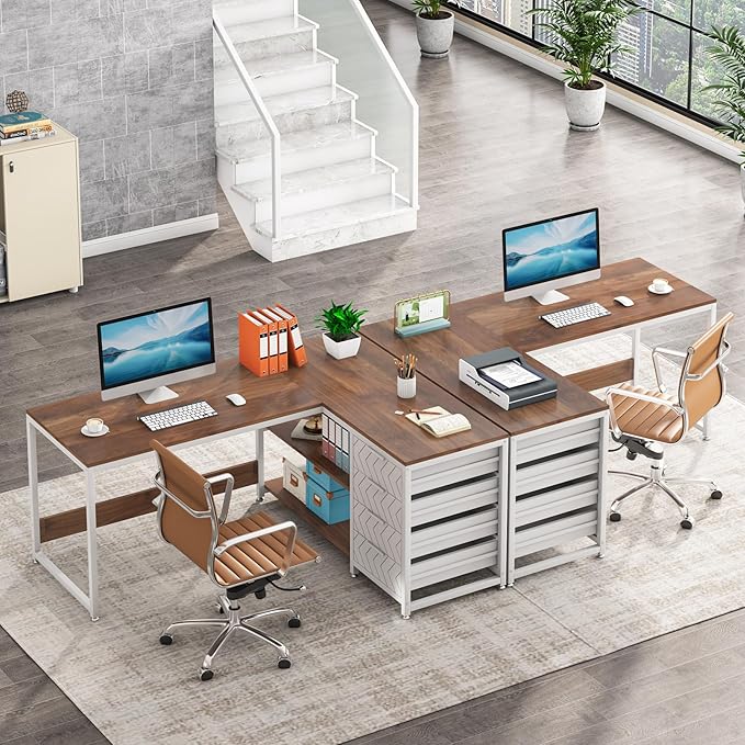 Tribesigns L Shaped Computer Desk with Storage Drawers 59 inch Corner Desk with Shelves Reversible L-Shaped Office Desk Study Writing Table Workstation for Home Office Walnut &amp White