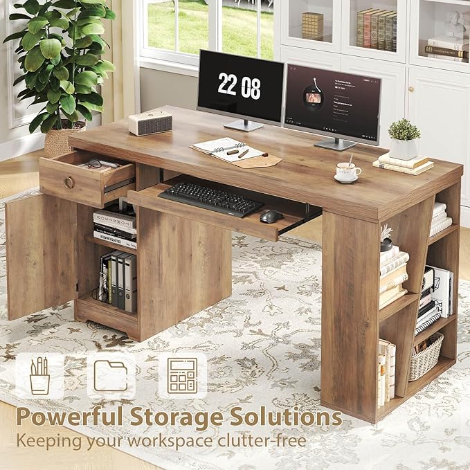 HSH 55 Inch Executive Office Desk with Drawers Farmhouse Computer Desk with Keyboard Tray and Storage Rustic Wood Work Study Writing Pc Table Studio Desks Home Workstation with Shelves and Cabinet