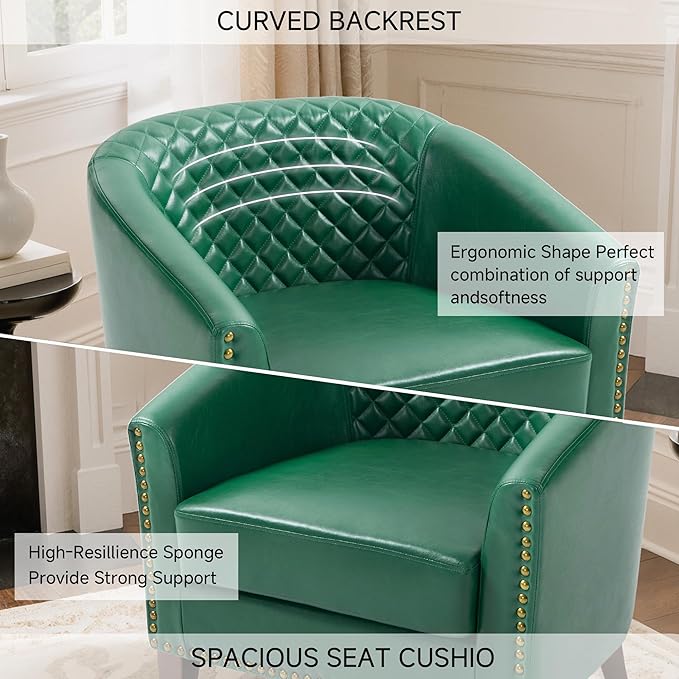 Faux Leather Accent Chairs Set of 4 Upholstered Barrel Club Chair for Living Room Comfy Round Armchair with Nailed Trim for Bedroom Office-Green