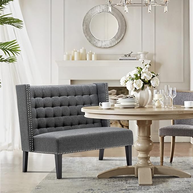 Tongli 46 Small Modern Loveseat Settee Sofa 2-Seat Sofa Couch Tufted Love Seat Dining Bench with Nail Head Trim Back Banquette Sofas for Living Room Small Space Entryway Hallway Slate