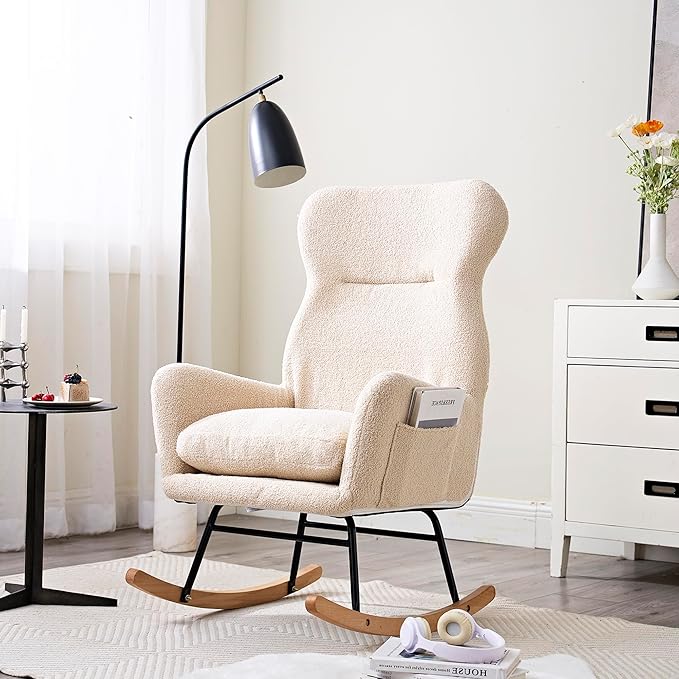 Modern Rocking Chair with High BackrestTeddy Material Comfort Arm Rocker Lounge Armchair for Living Room