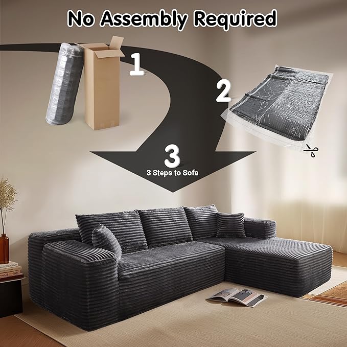 ovios 104 Cloud Sectional Couch with L-Shape ChaiseModern Modular Sofa with Deep Seat Upholstered Couches for Living Room BedroomNo Assembly Required Grey (Plush Corduroy Fabric)