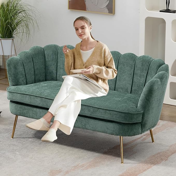 59 Small Loveseat Sofa 2-Seater Modern Chenille Couch with Gold Metal Legs &amp Floral Backrest Compact Apartment Sofa for Living Room Bedroom Office Dorm (Chenille Green)