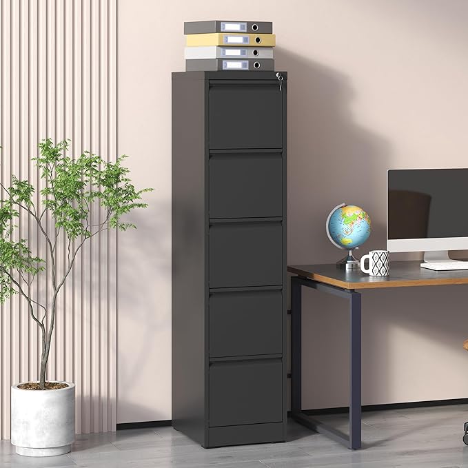 5 Drawer Small Metal Vertical File Cabinet with Lock Under Desk Storage OrganizerFiling Cabinets for HomeOffice Locking Drawers for A4 Legal/Letter SizeBlack