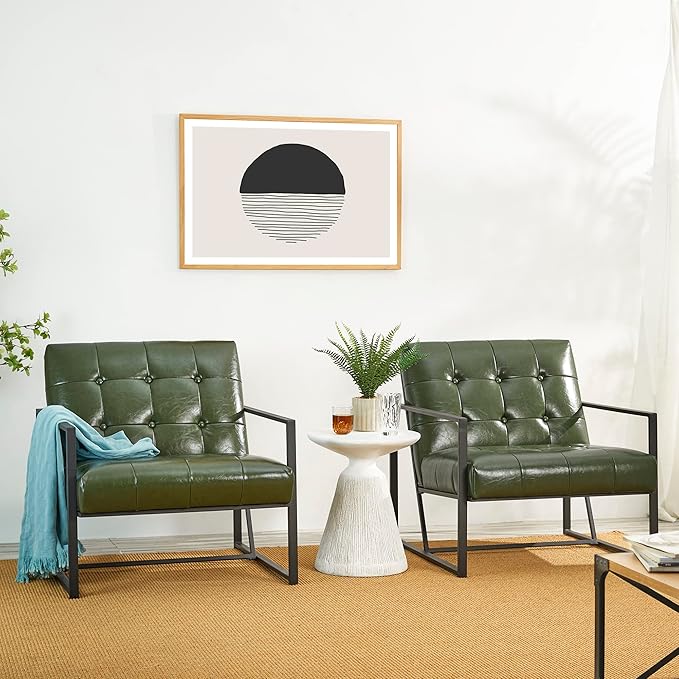 Glitzhome Mid Century Green Accent Chair Modern Living Room Armchairs with Durable Metal FramePU Leather Cushioned Reading Armchairs for Living Room Bedroom Home Office Green