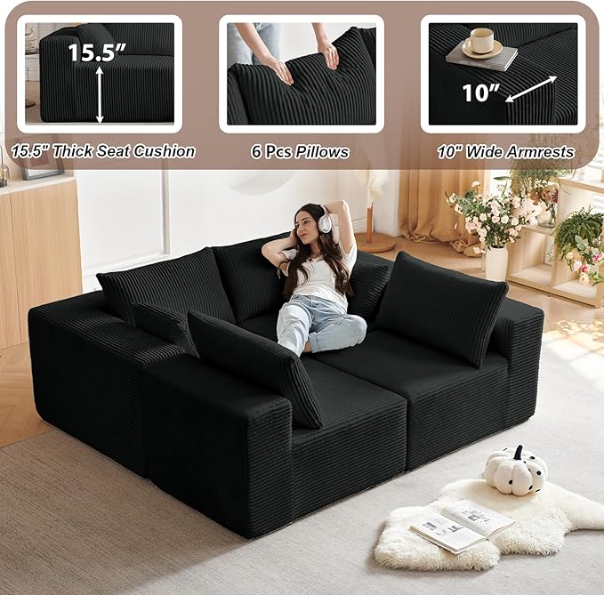 104'' Cloud Modular Sectional Sofa Corduroy L-Shaped Minimalist Couch with Deep Seat Modern 4-Seater Free Combination Sofa for Living Room – No Assembly Required (Black)