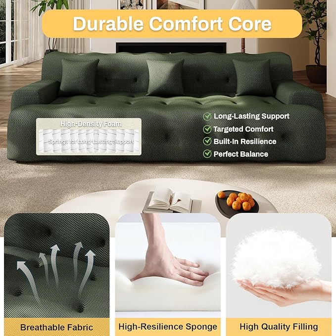 114 Oversized Boneless Sectionals Couch for Living Room Modern Boucle Curved Cloud Couch with 3 PillowsComfy Cloud Sofa Couches Without AssemblyPet-Friendly Comfy Deep Seat Sofa Green