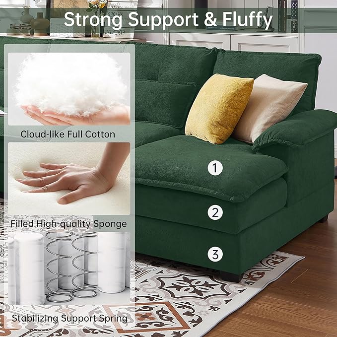 110 Convertible Sectional Sofa U Shape Cloud Couch Comfy Couches with Double Chaise and Sleepable Armrests 4 Seats Sectional Couches for Living Room Green