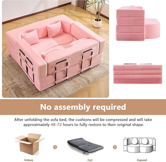 2-in-1 4 Seat Folding Sofa Bed with Pillow No Assembly Futon Twin Size Sofa Bed Breathable Velvet Convertible Couch Bed for Living Room and Guest Room 71.65 Inch Pink