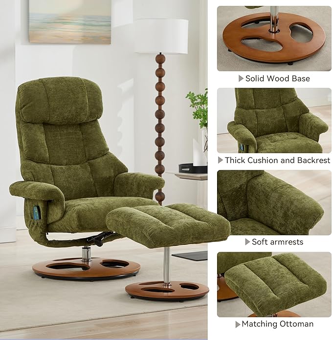 FOXHUNTER Chenille Recliner Chair with Ottoman Modern Massage Swivel Lounge 360° Swivel Rocker Recliner Comfy Modern Accent Arm Chairs for Living Room Bedroom (ChenilleGreen)