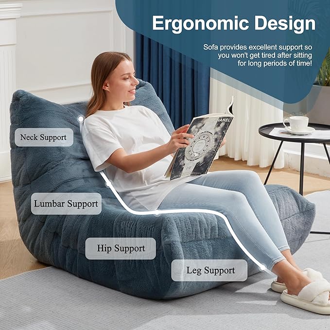 Bean Bag Chairs for Adults Giant Bean Bag Chair Memory Foam BeanBag Chair Bean Bag Sofa with Filler Faux Fur Fireside Beanbags Lazy Sofa for Living Room Bedroom Office (Bluegrey Plush Single)