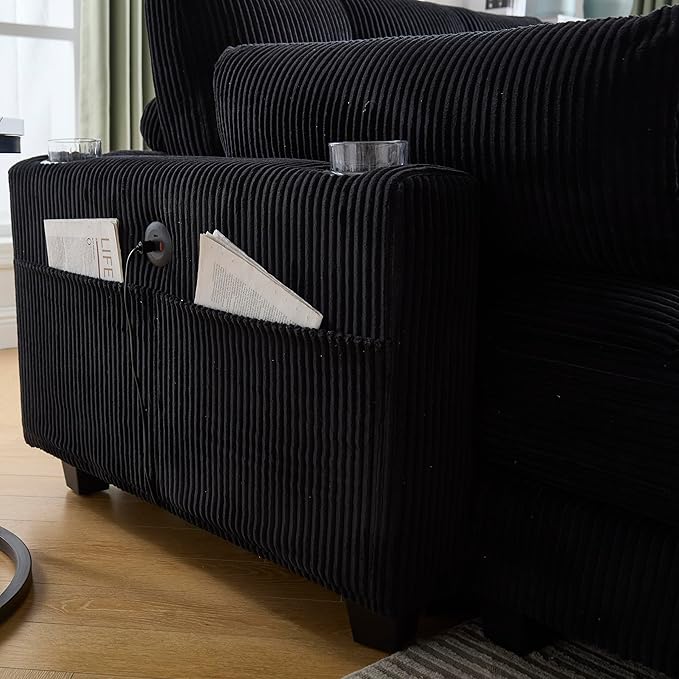 Oversized Lounge Chaise Convertible Sleeper Sofabed Corduroy Sleeper Daybed Indoor Recliner Chair Sofa Bed with Cupholders and Adjustable Headrests for Living Room Bedroom Reading Home Apartment