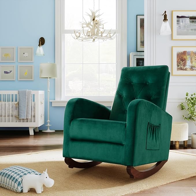 Cozy Velvet Reclining Rocking Chair with Side Storage Pocket Comfortable Button Tufted Rocker Elegant and Functional Rocking Recliner Chair Ideal for Living Room &amp Nursery Emerald