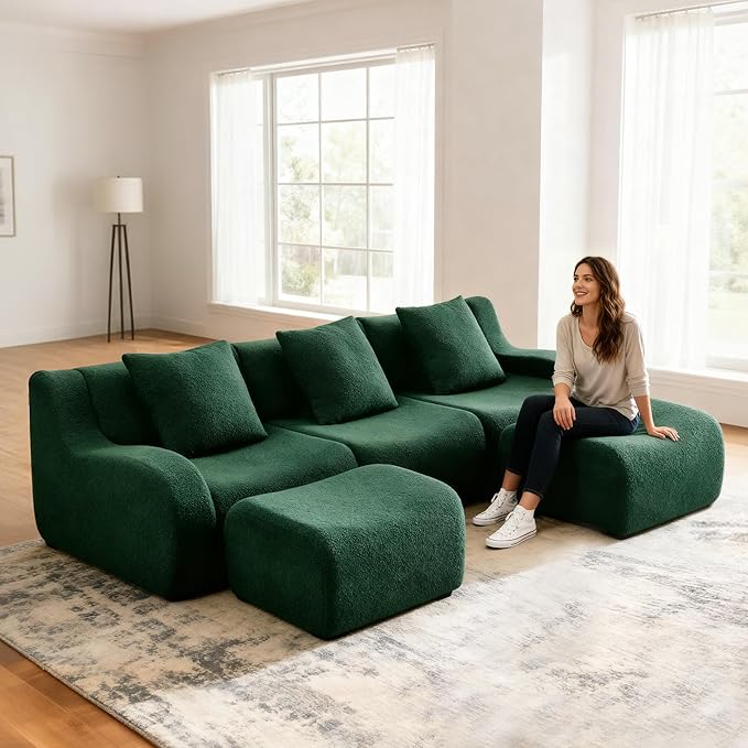 Modular Sectional Sofa for Living Room 115.3 U-Shaped Cloud Couch with 2 Ottoman 3-Seat Teddy Fabric Boneless Sofa Deep Seat Curved ArmrestStreamlined Ergonomic Design No Assembly