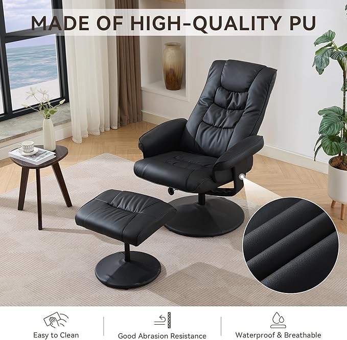 140° Adjustable PU Leather Recliner Chair with Ottoman 360° Swivel Massage Lounge Chair with 5-Point Vibration &amp Heated Seat for Living Room Home Theater or Office (Black)