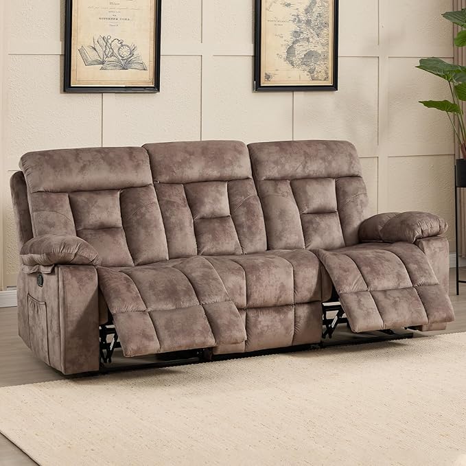 CANMOV 3 Seat Manual Recliner Sofa Modern Reclining Sofa with Overstuffed Armrest Hidden Cup Holders for Living Room Camel-Brown