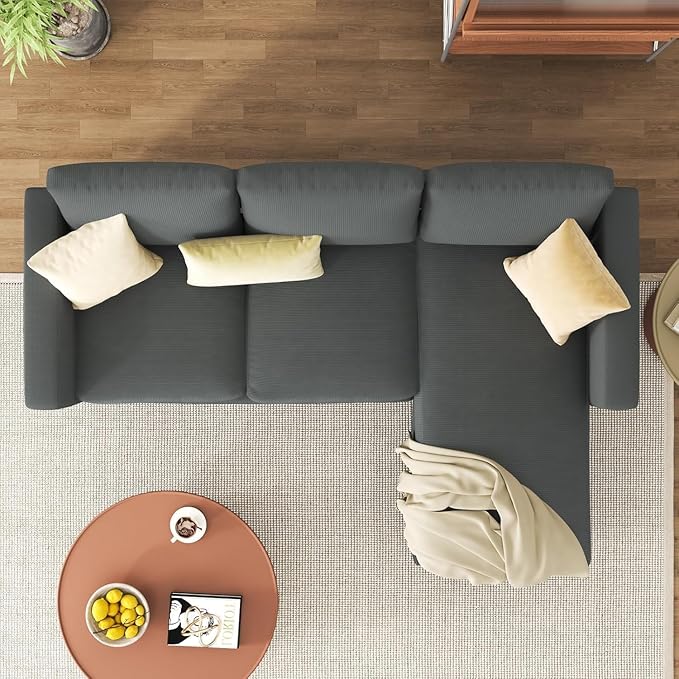 JAMFLY 3-Seat Reversible L-Shaped Sectional Sofa with Convertible Ottoman Modern Upholstered Fabric Couch for Small Living Rooms Apartments &amp Studios Grey