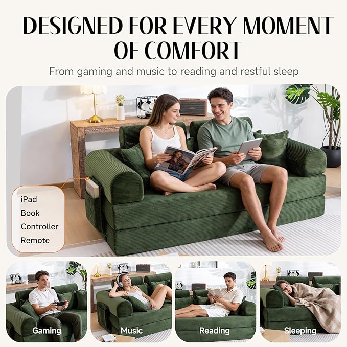 79 Corduroy Sofa Bed Sleeper Couch 6-in-1 Convertible Boneless Floor Futon Loveseat High-Density Foam Couch in a Box with 2 Headrest Pillows No Assembly Olive Green
