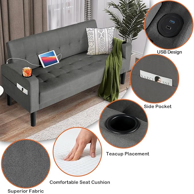 AILEEKISS 62 Loveseat Couches Upholstered Fabric Linen Love Seat Sofas Couch with 2 USB Cup Holders Side Pocket Modern Tufted Sofa for Living Room Office Bedroom Apartment (2-Seat Dark Grey)