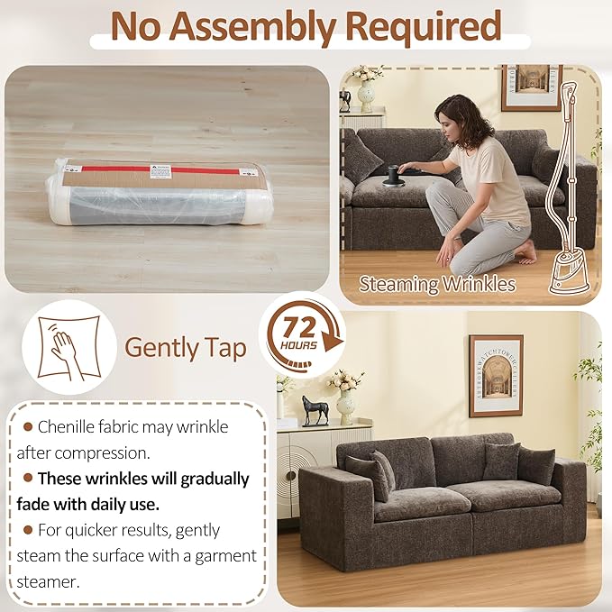 88''Cloud Boneless Modular Sectional Sofa Deep Seat Sectional Couch Upholstered Convertible Comfy Memory Foam Sofa Loveseat Chenille Memory Foam Couches for Living Room Brown