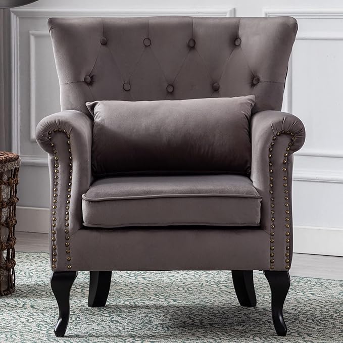 Mid Century Modern Accent Chair Upholstered Armchair Comfy Velvet Fabric Single Sofa with Tufted Wingback for Small Spaces Bedroom Living Room Grey