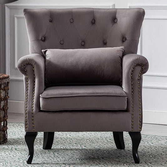 Mid Century Modern Accent Chair Upholstered Armchair Comfy Velvet Fabric Single Sofa with Tufted Wingback for Small Spaces Bedroom Living Room Grey