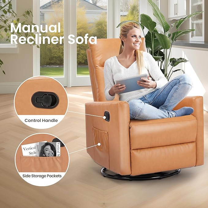 Swivel Recliner Chair Rocker Glider Chair for Living Room Office Faux Leather Recliner Chair Nursery Glider with Large Footrest Upholstered Deep Seat Single Sofa Chair High Back Brown