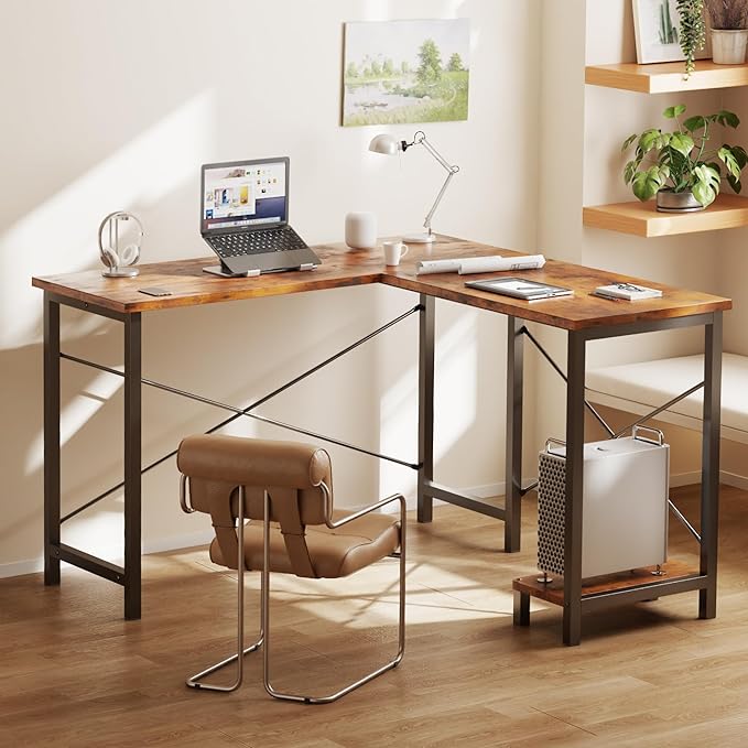 DUMOS L Shaped Desk Computer Gaming Desks Corner Office Table with CPU Shelf for Home Study Writing Work Station 50 Inch Rustic Brwon