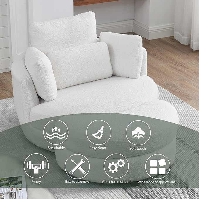 39 Swivel Barrel Chair Accent Chair with Storage Ottoman for Living Room Modern Round Upholstered Single Sofa Couch Chair for Apartment Bedroom Teddy Fabric White