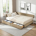 Queen Corner Bed Frame with Storage Drawers Modern Velvet Upholstered Sofa Day Bed Frame with Wood Slats for Living Room Bedroom Guest Room No Box Spring Needed Brown