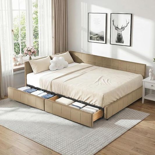 Queen Corner Bed Frame with Storage Drawers Modern Velvet Upholstered Sofa Day Bed Frame with Wood Slats for Living Room Bedroom Guest Room No Box Spring Needed Brown
