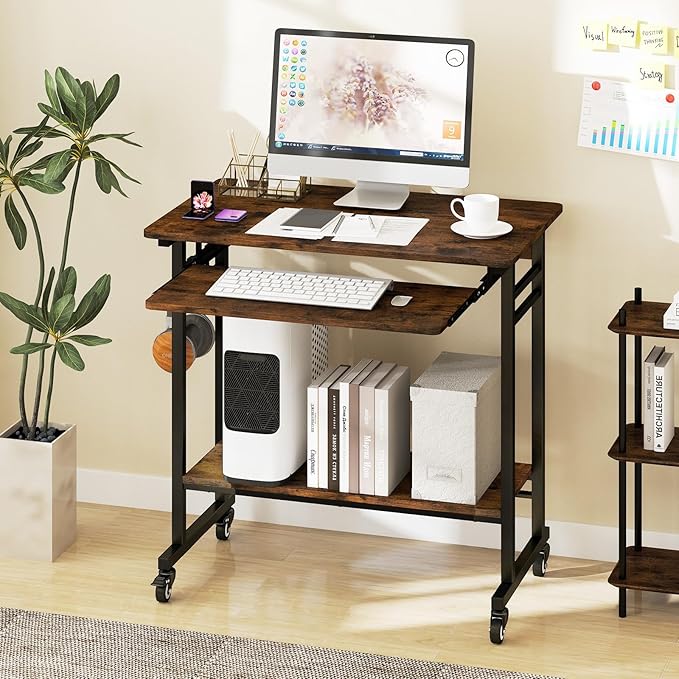Tangkula Rolling Computer Desk Cart with Keyboard Tray Mobile Portable Laptop PC Desk with CPU Stand &amp 3 Hooks for Sofa &amp Bed Industrial Small Desk on Wheels for Small Spaces Home Office De