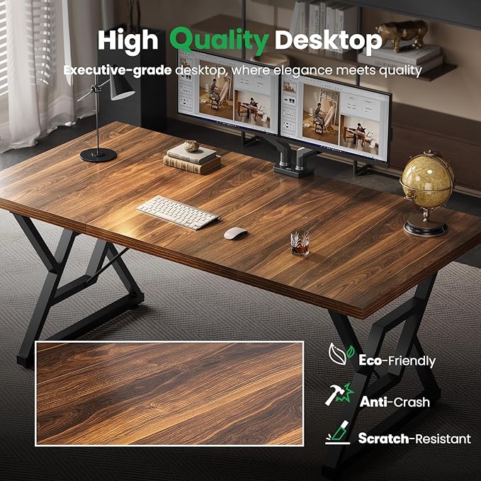 70.8 Large Executive Desk - Computer Office Desk Workstation Modern Business Writing Table with Sturdy Metal Legs for Home Office (Wood Color 71 Inch)