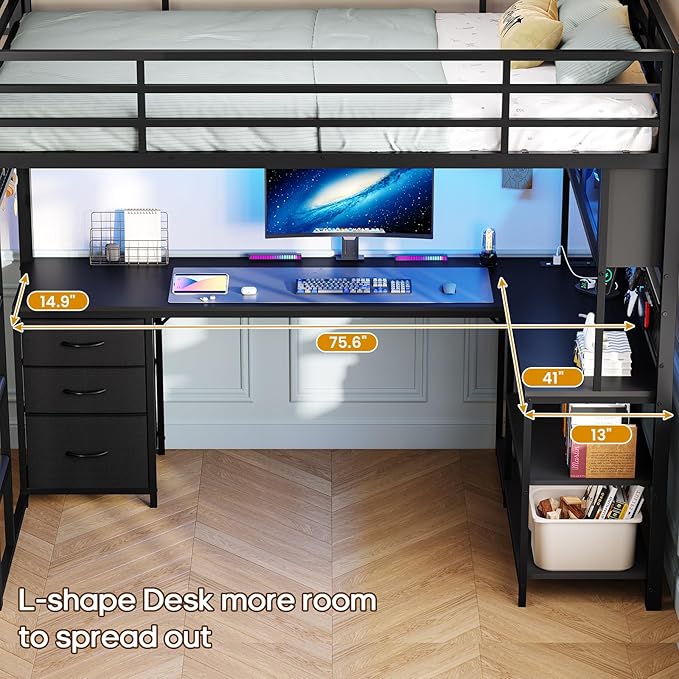 ADORNEVE Twin Size Loft Bed with L-Shaped Gaming Desk Storage Drawers &amp Hutch Expanded Safety Power Outlet Metal Loft Bed Frame with RGB Lights Space Saving for Teens Black