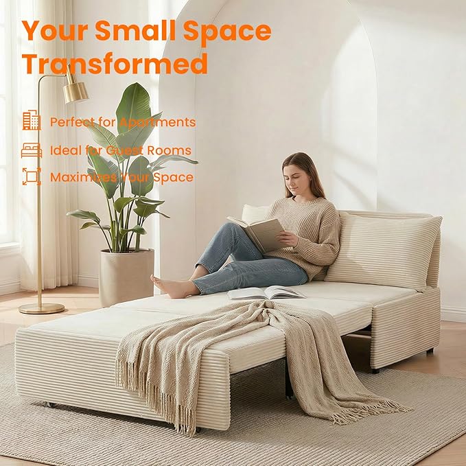 ijuicy 3 in 1 Pull Out Sofa Bed Twin Corduroy Sleeper Sofa with Pullout Bed Convertible Loveseat Couch Beds with Pillows and Tri-fold Mattress for Small Spaces Apartment-Beige