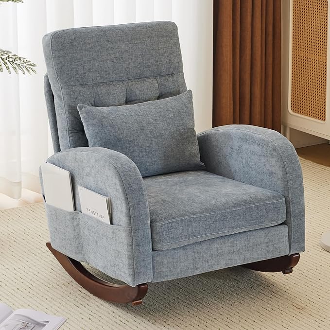 VINGLI Chenille Low Seat Nursery Rocking ChairUpholstered Comfy Rocker Glider Chair with Side Pockets Accent Arm Chair with High BackrestSolid Wood Base for Living Room Bedroom BalconyBlue