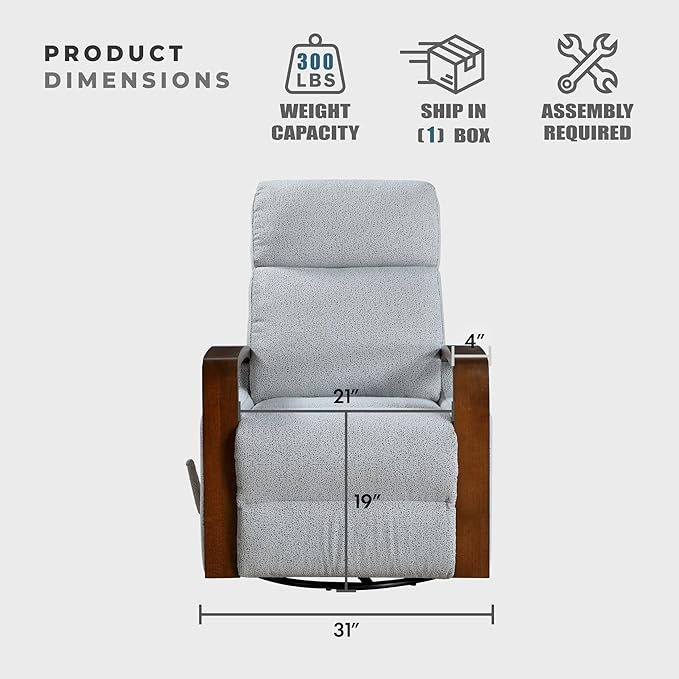 Lexicon 360 Degree Swivel Glider Reclining Chair Soft Boucle Manual Recliner Comfy Nursery Glider Recliner Wood Arms Pull Handle for Living Room/Office/Bedroom/Apartment Gray
