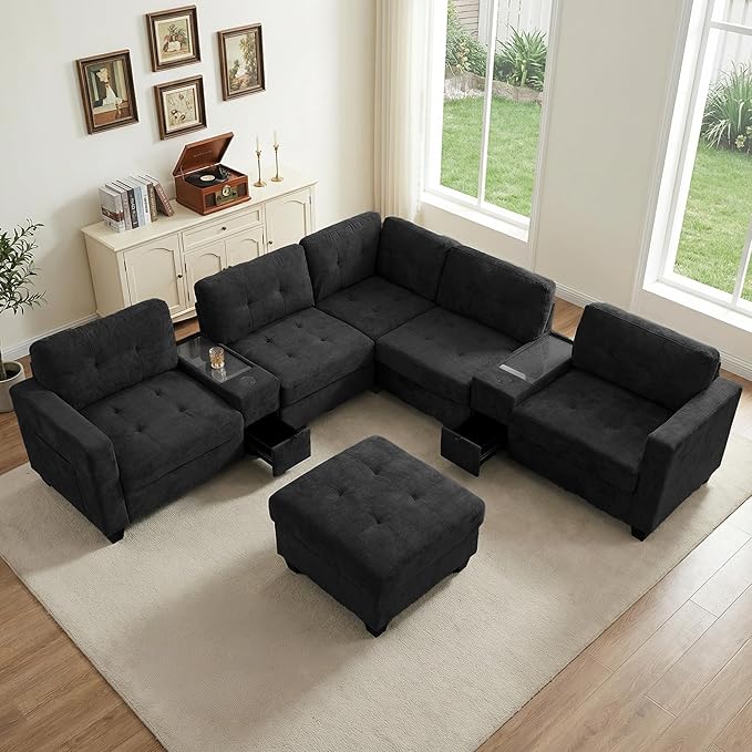103'' Modular Sectional Sofa couch with 2 Acrylic Consoles Oversized U Shaped Couch Set with USB Charger Storage DrawersPockets and Movable Ottoman Chenille Sectional Couches for Living RoomBlack
